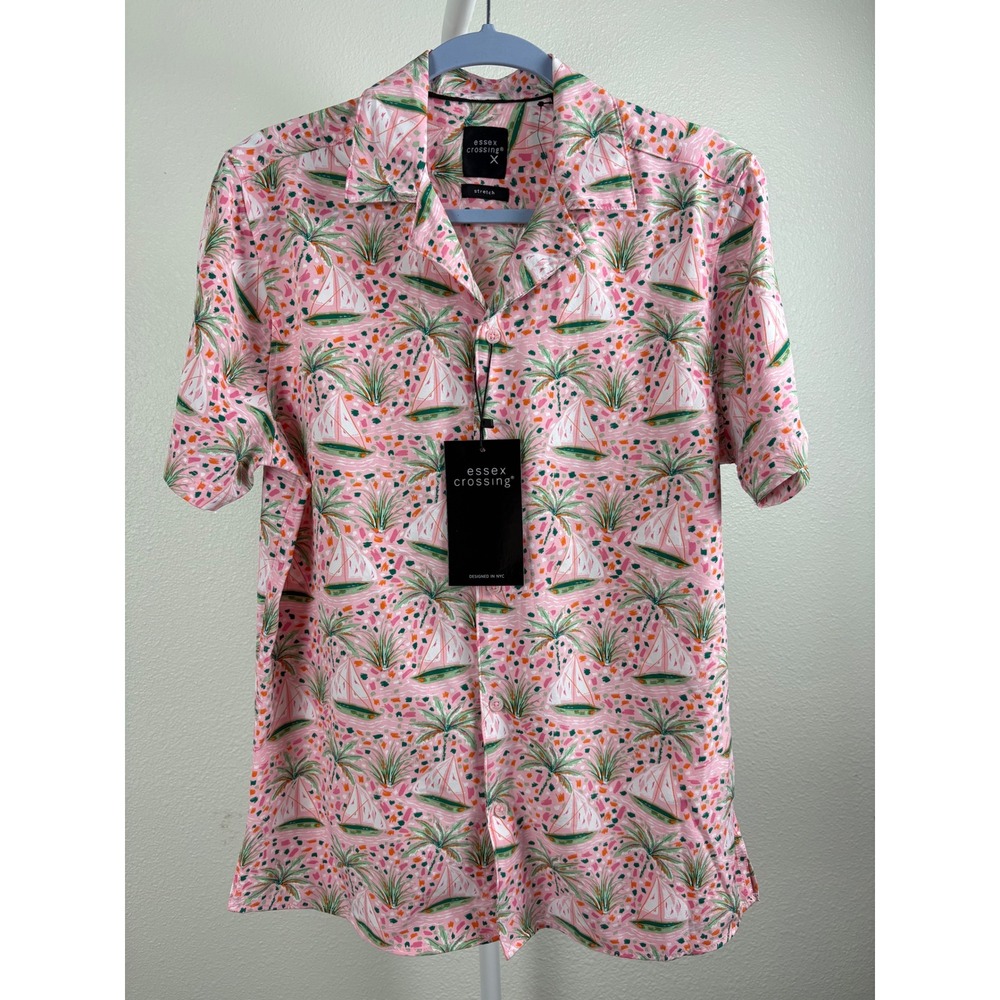 Mens Small Candy Pink Tropical Sailboat Stretch Button Up Shirt NEW Nautical